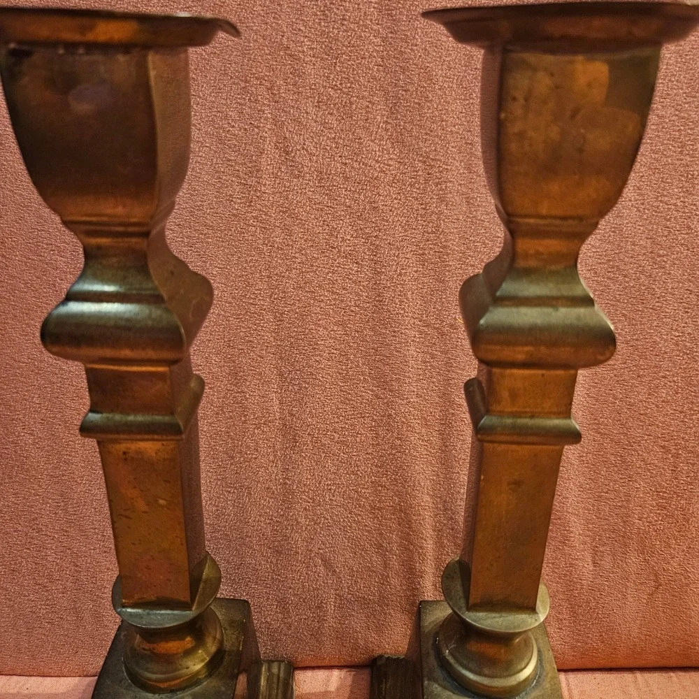 Vintage Heavy Brass Candlestick Holders Set of‎ 2 Square Base Home Decor India